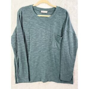 Zenana Long Sleeve Slub-Knit Top Size L Teal Green Heathered New Chest Pocket